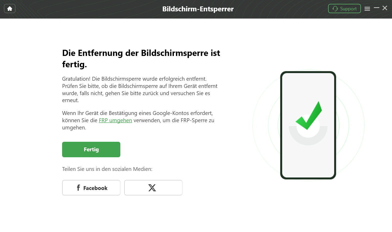 Bildschirmsperre erfolgreich entfernt