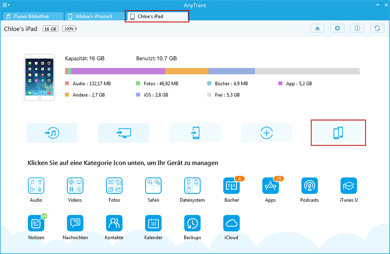 Das Interface von Klonen Knopf
