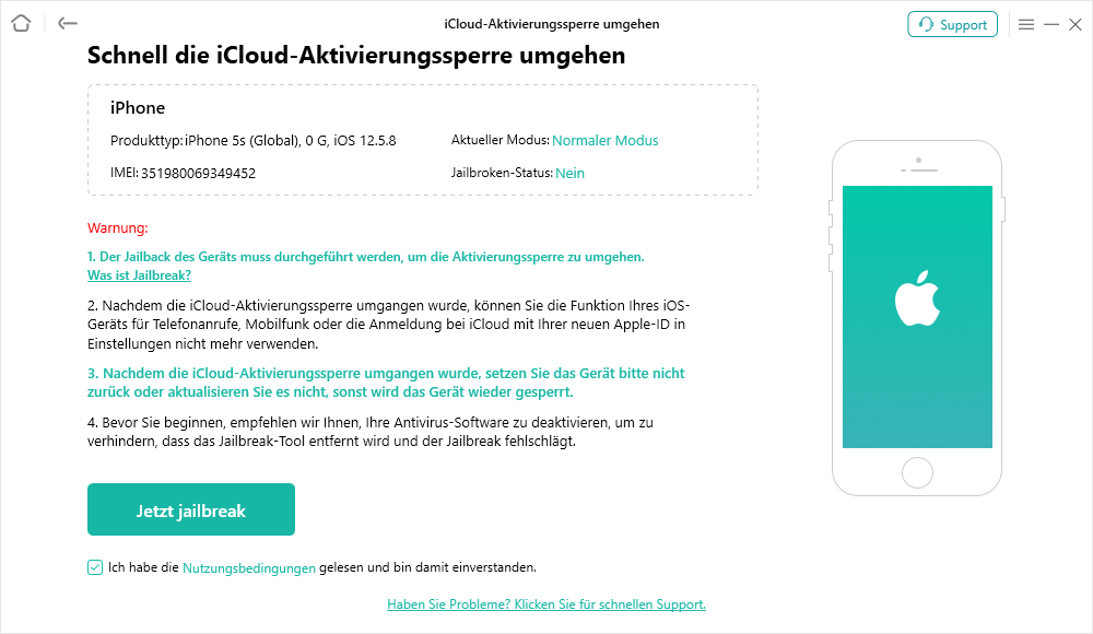 Klicken Sie auf die Schaltfläche Jetzt jailbreaken