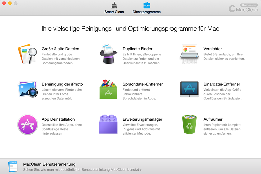 Die Hauptschnittstelle vom MacClean, Dienstprogramme