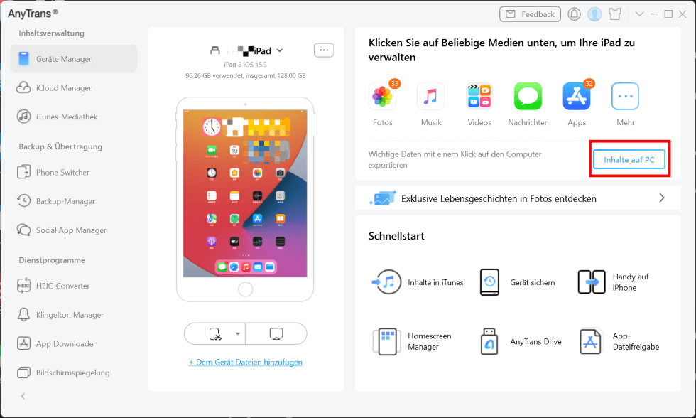 AnyTrans-Geräte Manager-Inhalte auf PC
