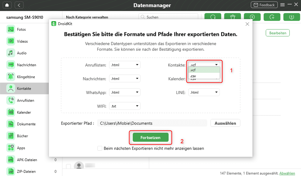 Datenmanager – Kontakte-Format auswählen