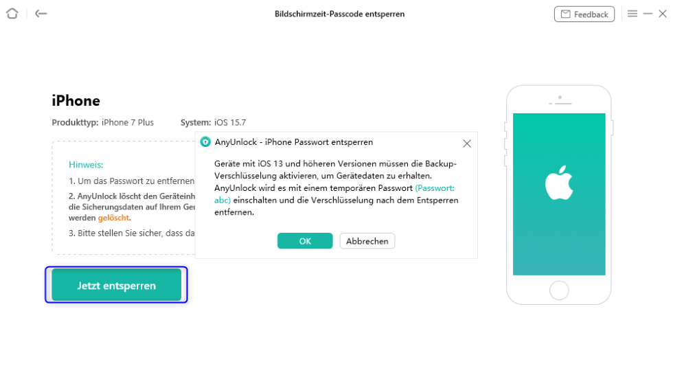 Auf „Jetzt entsperren“ klicken und einen Passcode einrichten