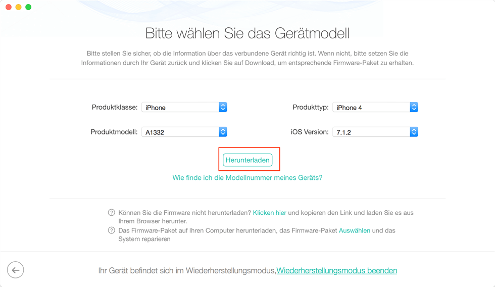 Das Gerätmodell wählen zur Reparatur