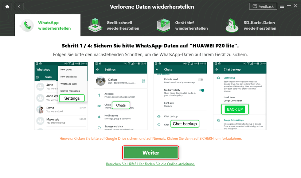 Den Anweisungen folgen, um WhatsApp wiederherzustellen