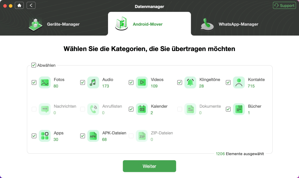 Wählen Sie die Kategorien, die Sie übertragen möchten