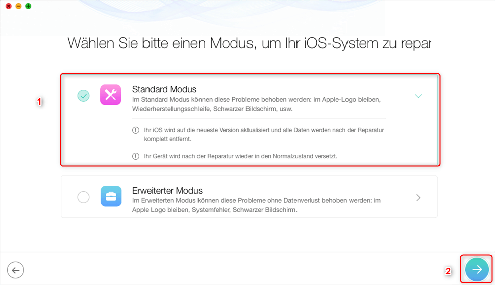 Standard-Modus wählen