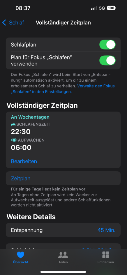 Aktive Fokus- oder Schlafpläne