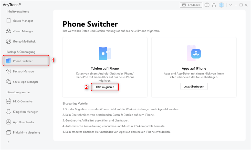 Auf „Jetzt migrieren“ klicken, um Daten zwischen Smartphones zu übertragen