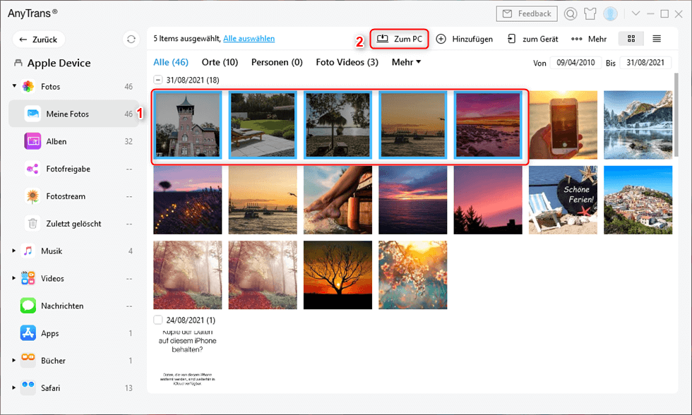 Bilder auswählen und auf Zum PC klicken