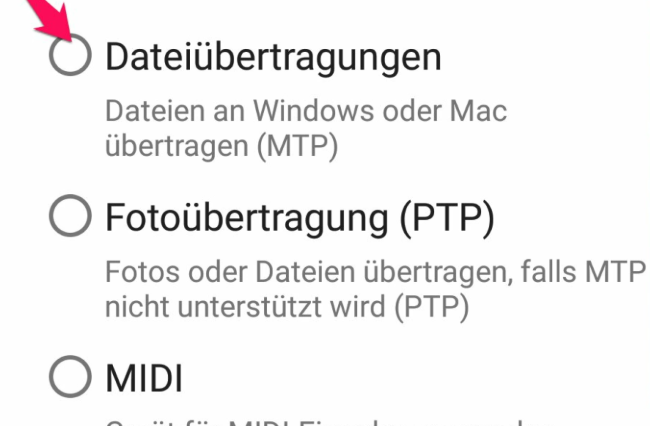 die USB-Verbindungsart Dateiübertragung