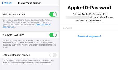 Mein iPhone suchen in den Einstellungen deaktivieren