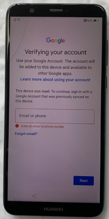 Huawei Smartphone zeigt Google-Konto-Verifizierung nach einem Werksreset