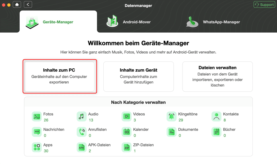 Klicken Sie auf “Inhalte zum PC”