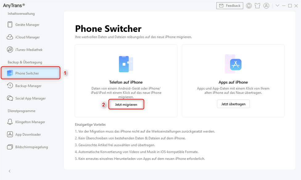 Wählen Sie den „Phone Switcher“-Modus