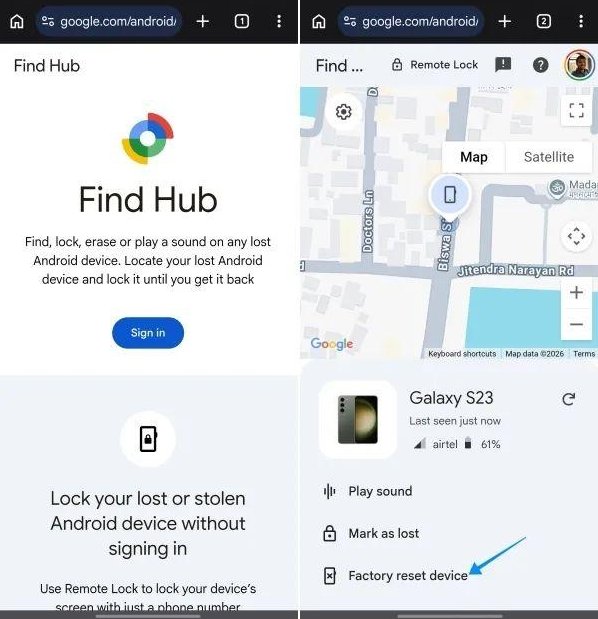 Android über Google Find Hub auf Werkseinstellungen zurücksetzen