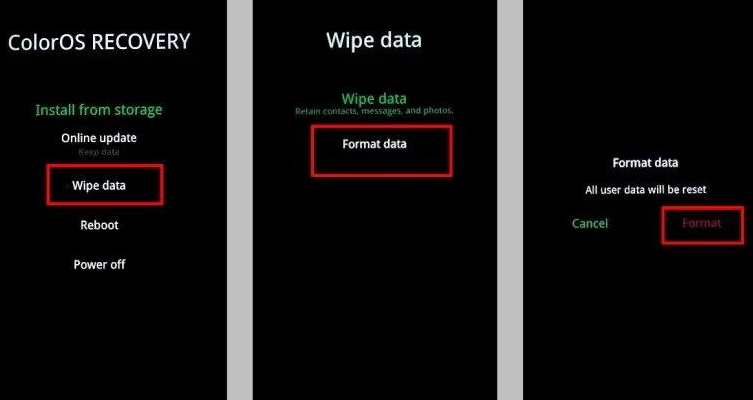 OPPO Recovery Mode Wipe Data Factory Reset Bestätigung