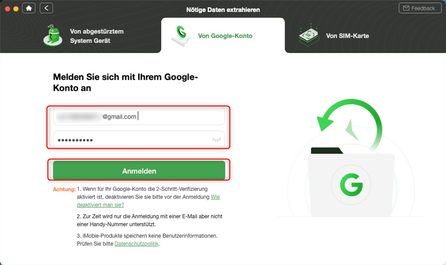 Sich mit Google-Konto anmelden