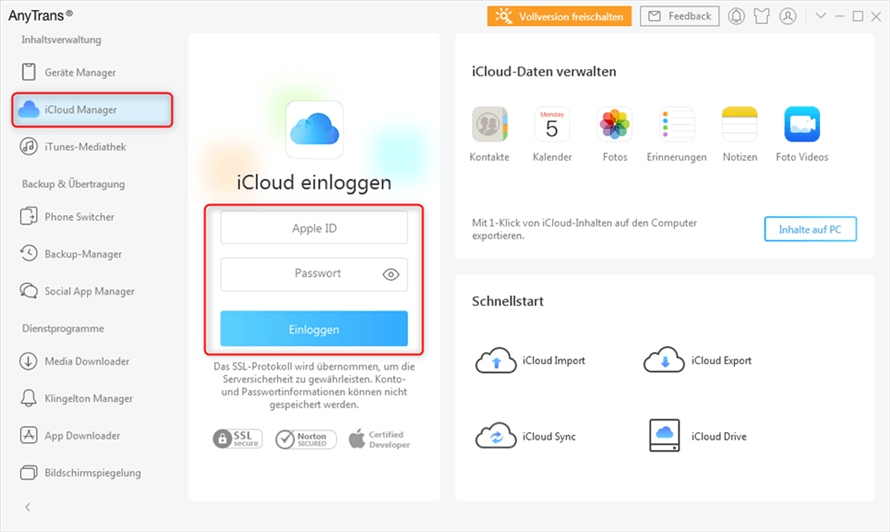 AnyTrans - iCloud Manager - iCloud anmelden