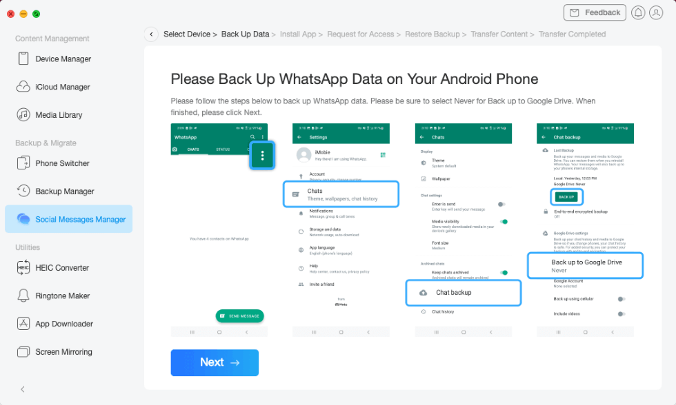 AnyTrans - WhatsApp-Daten auf dem alten Android sichern