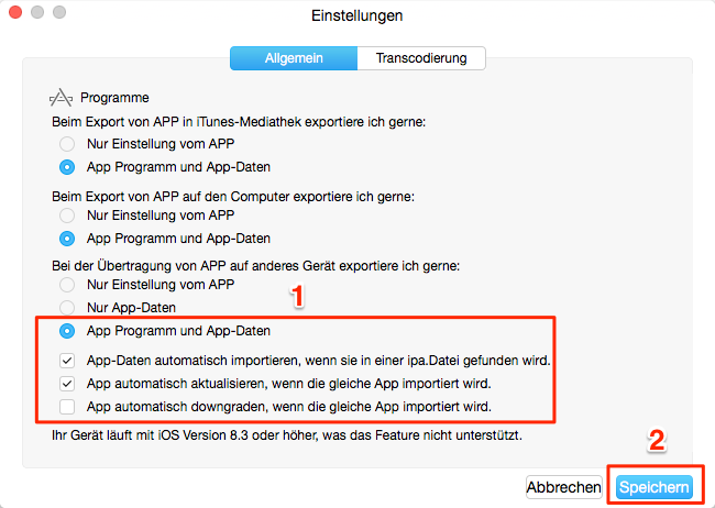 App & App Daten sichern – Schritt 2