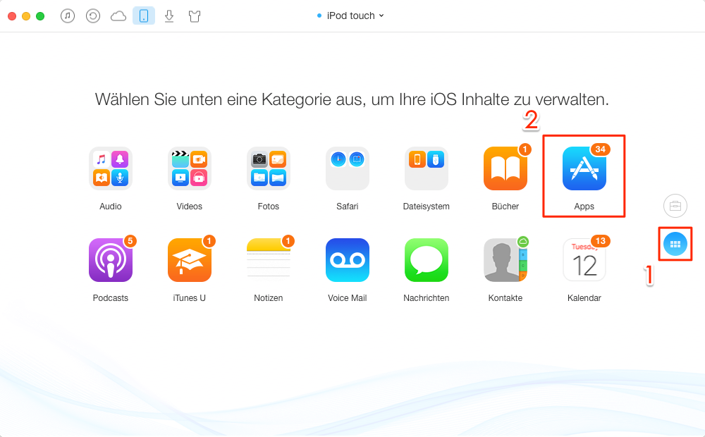 Das Fenster vom iPod touch öffnen und Apps auswählen – Schritt 2