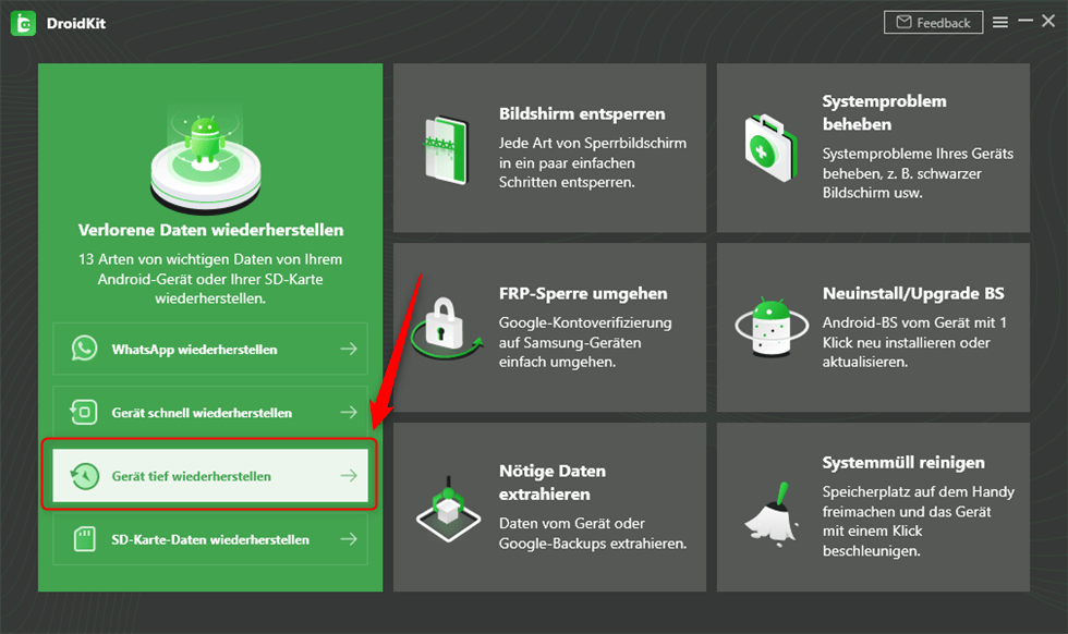 Auf „Gerät tief wiederherstellen“ tippen unter DroidKit