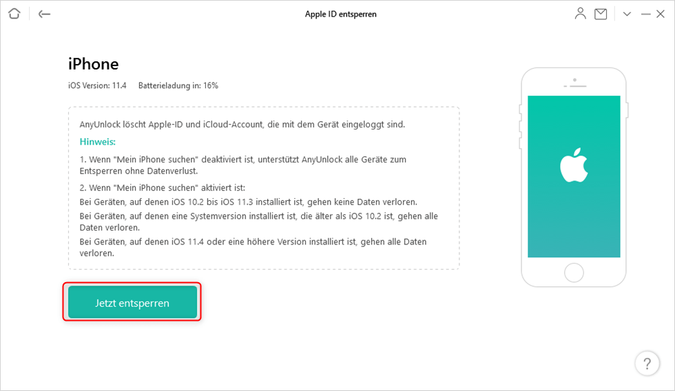 Auf Jetzt entsperren klicken, um Apple ID zu entfernen