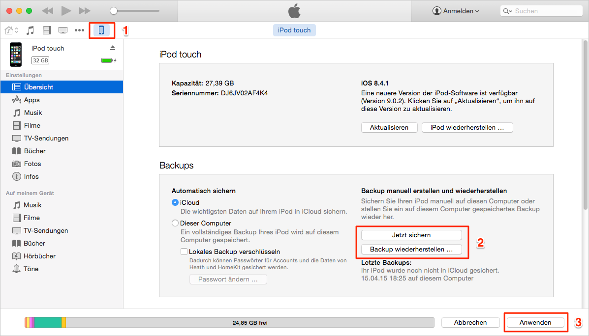 Mit iTunes kann man iPod sichern und wiederherstellen
