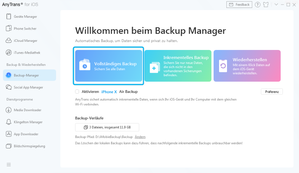 Backup-Manager auswählen