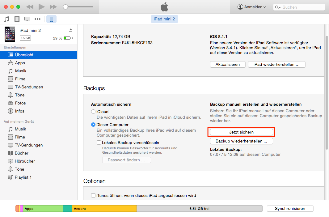 Über iTunes das Gerät sichern – Backup Software für iOS 9