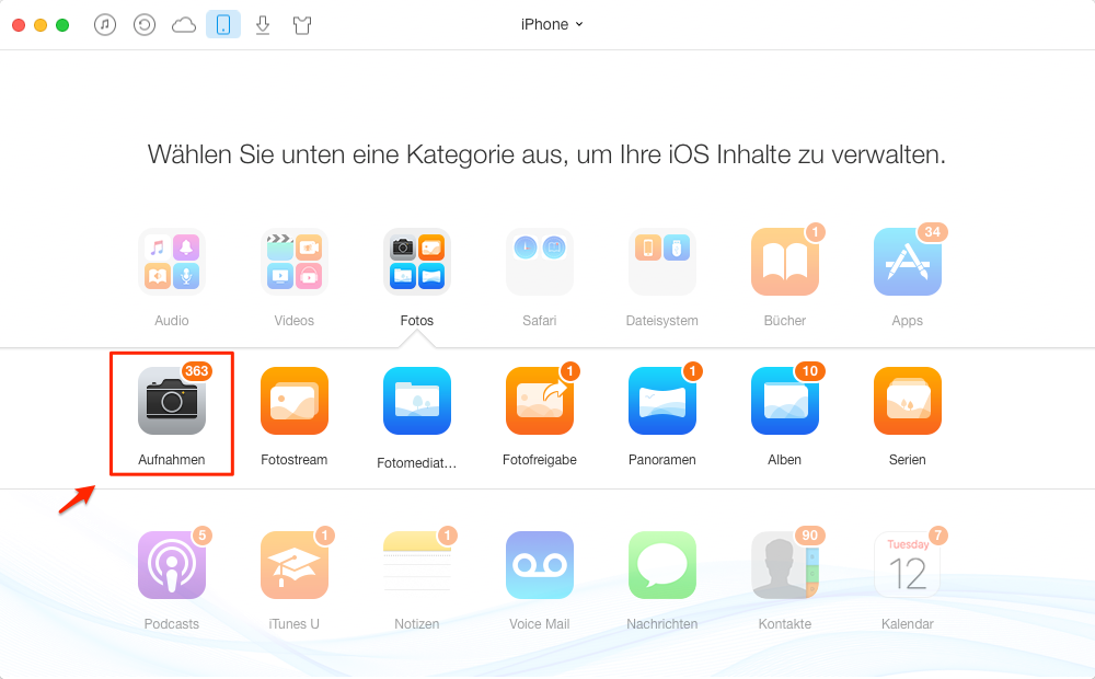 Klicken Sie auf Fotos und Wählen Sie die Art des Fotos - Schritt 2