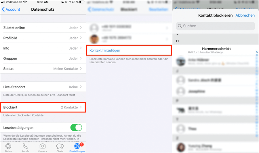 Bei blockieren kontakte iphone whatsapp Whatsapp kontakt