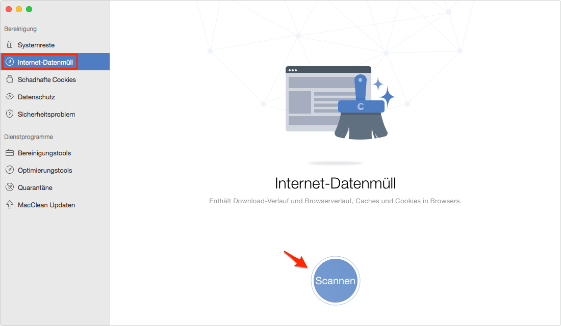 MacClean öffnen und Internet-Datenmüll wählen - Schritt 1