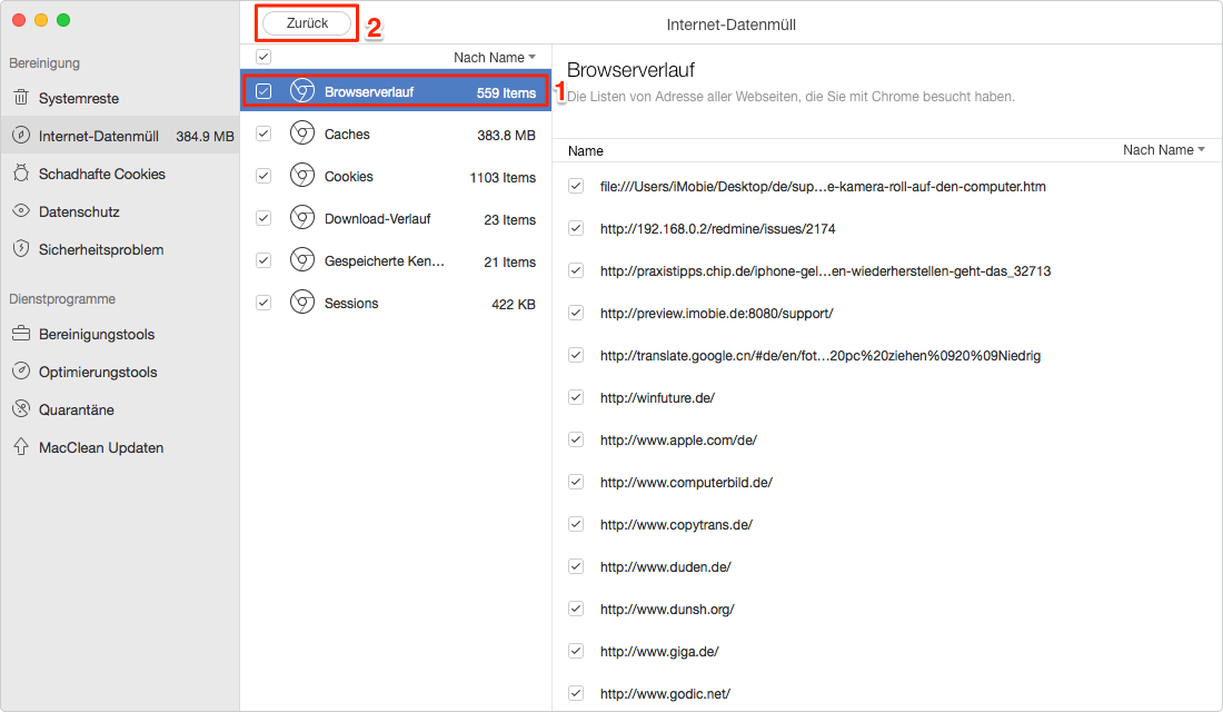 Chrome Verlauf mit MacClean überprüfen - Schritt 2