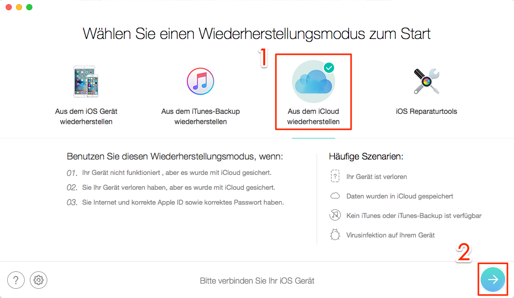 PhoneRescue starten und iCloud Backup zugreifen – Schritt 1