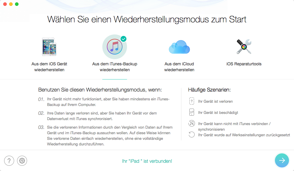 Datenrettung auf iPad über iTunes – Schritt 1