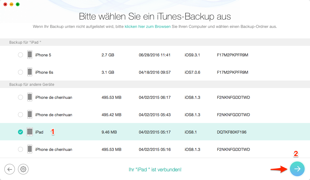 iPad Daten auf Backup retten – Schritt 2