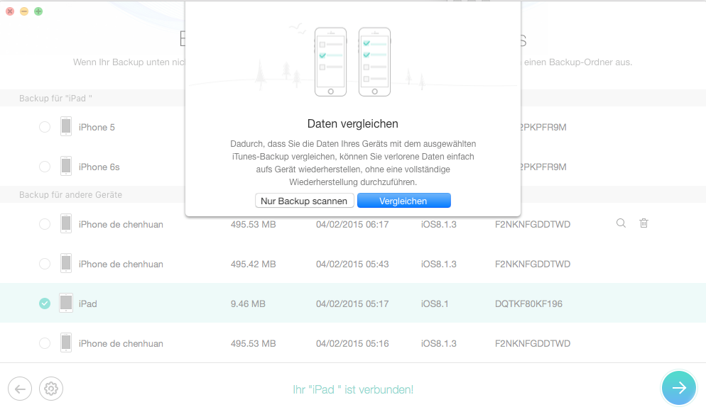 Vergleichen iPad-Daten mit dem Backup – Schritt 3