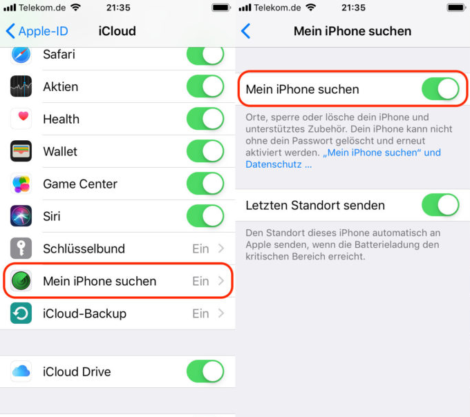 die Funktion „iPhone-Suche“