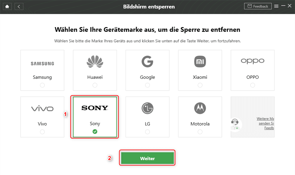 Die Gerätemarke Sony wählen