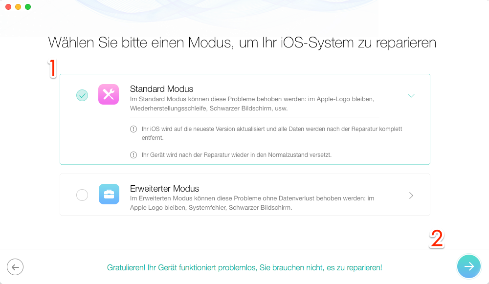 „Standard Modus“ auswählen und weiter gehen – Schritt 2