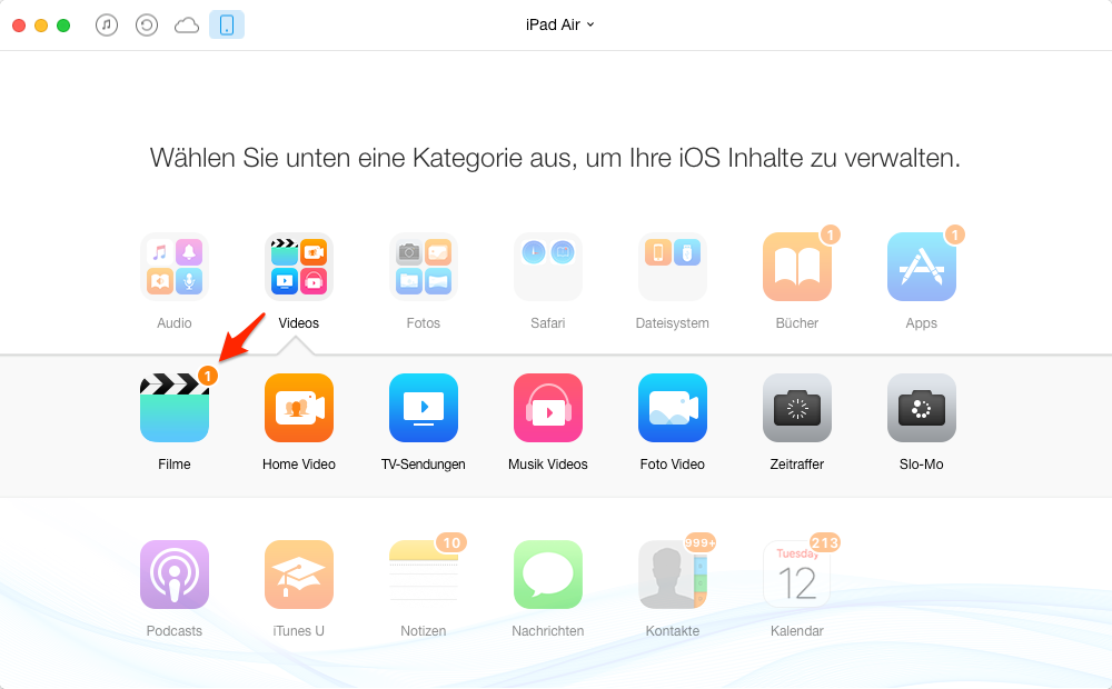 Filme vom iPad Air auf Computer übertragen – Schritt 2