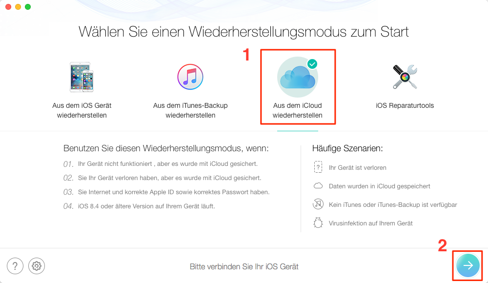 PhoneRescue starten und Wiederherstellungstool auswählen – Schritt 1