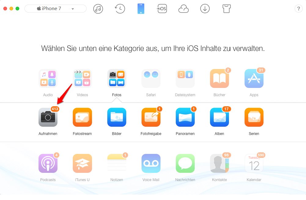 AnyTrans starten und Aufnahme wählen – Schritt 1