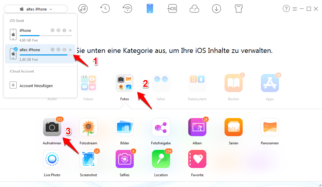 AnyTrans starten und die Typen des Fotos auswählen - Schritt 2