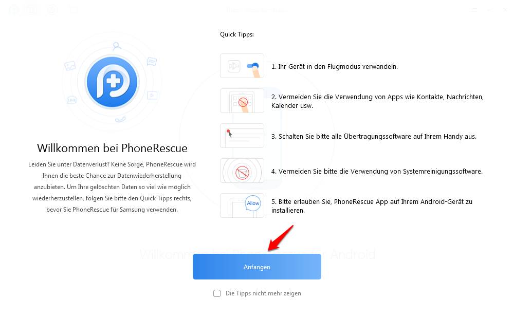 PhoneRescue starten und Android-Gerät verbinden – Schritt 1