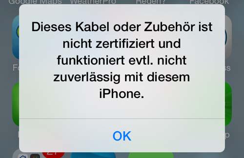 Problem von iOS 8 – Kabel oder Zubehör funktioniert nicht
