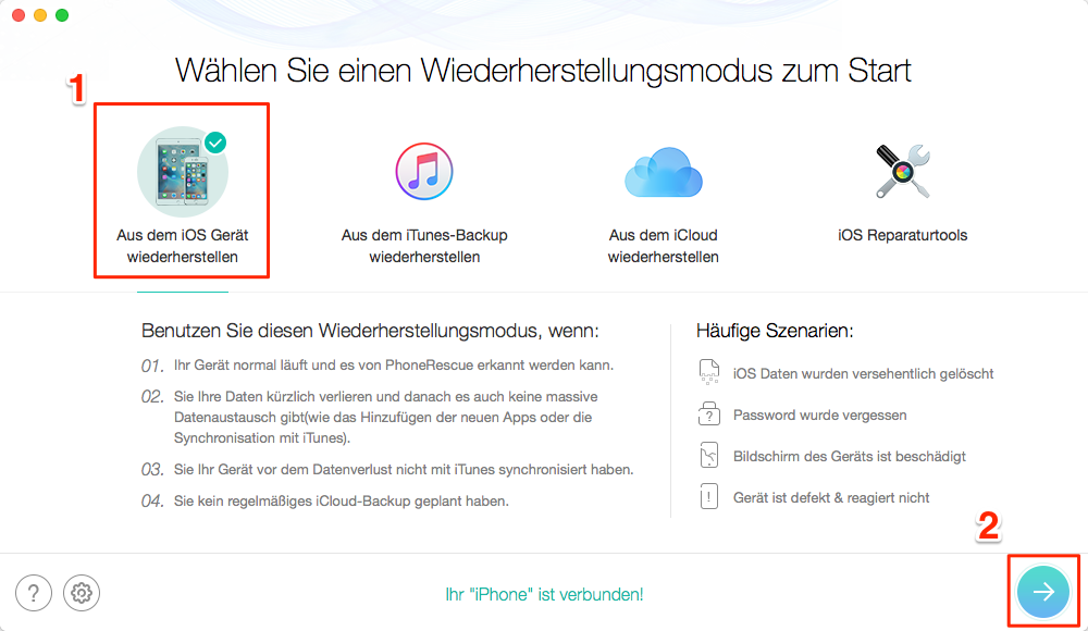 PhoneRescue starten und Wiederherstellungsmodus wählen – Schritt 1