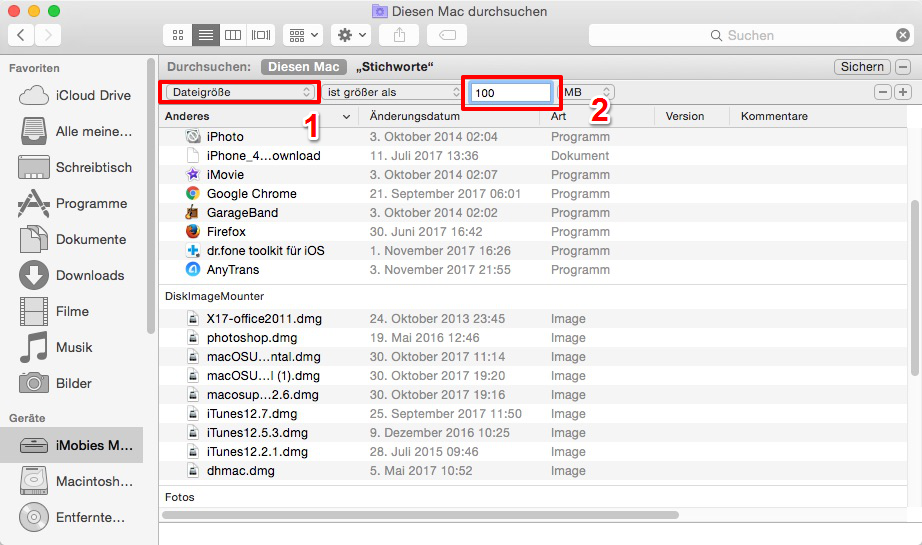 Große Dateien/Ordner vom Mac suchen